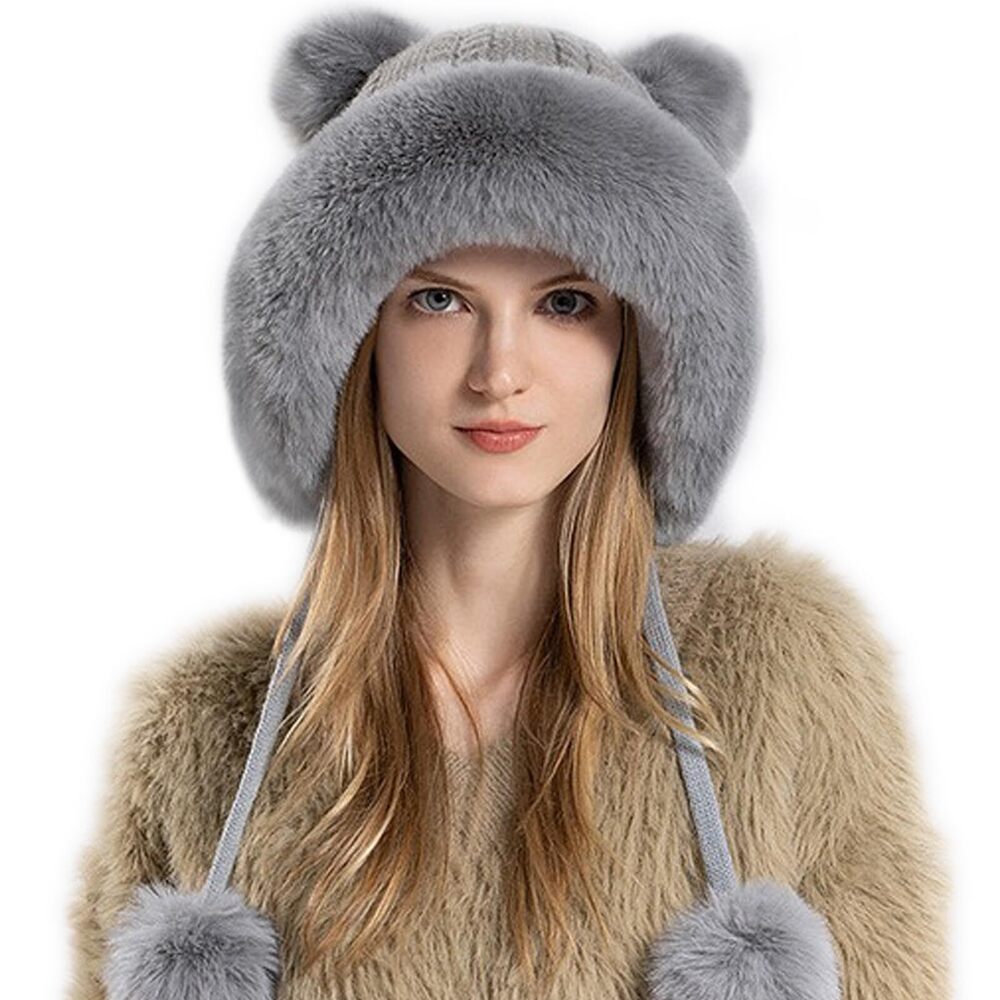 7631 Winter Knitted Beanie with Pompom Fluffy Fur Hat Fuzzy Skull Cap Warm